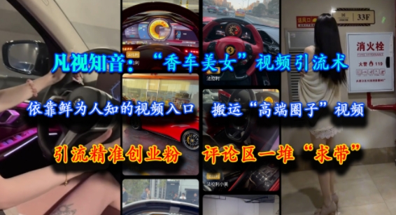 凡視知音：“香車美女”視頻引流術，依靠鮮為人知的視頻入口，搬運“高端圈子”視頻，引流精準創業粉，評論區一堆“求帶”