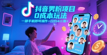 抖音男粉項目0成本玩法,一部手機即可操作,日均4張+,時間自由