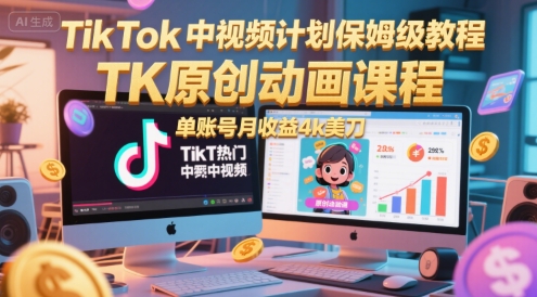 TikTok中視頻計劃保姆級教程，TK原創動畫課程，單賬號月收益4k美刀
