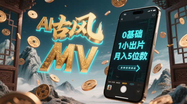 AI一鍵生成古風音樂MV，0剪輯基礎1小時出片，多種變現渠道，一部手機月入5位數