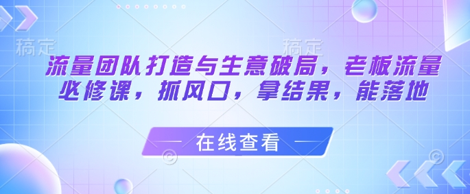 流量團隊打造與生意破局，老板流量必修課，抓風口，拿結果，能落地