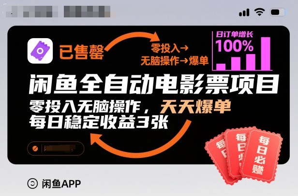 閑魚全自動電影票項目，零投入無腦操作，天天爆單，每日穩定收益3張【揭秘】
