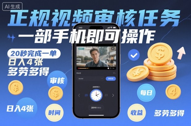 正規視頻審核任務，一部手機即可操作，20秒完成一單，日入4張，多勞多得【揭秘】