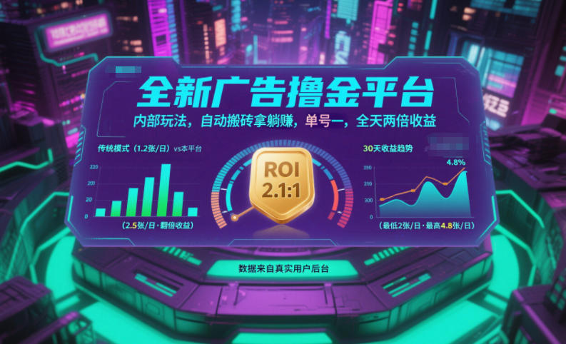 全新廣告擼金平臺(tái),內(nèi)部玩法,自動(dòng)搬磚拿躺賺,單號(hào)一天保底2張+,全天兩倍收益【揭秘】